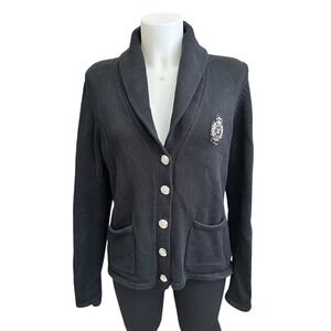 Chaps Ralph Lauren Black Cardigan silver-tone Logo Buttons Shawl Collar Sz M
